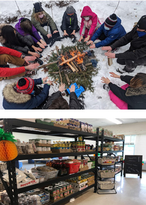 Collage of photos: Children surrounding a campfire and shelves in a food pantry
