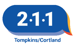 Blue, red, and orange speech bubble with the numbers "2-1-1" above the words "Tompkins/Cortland"