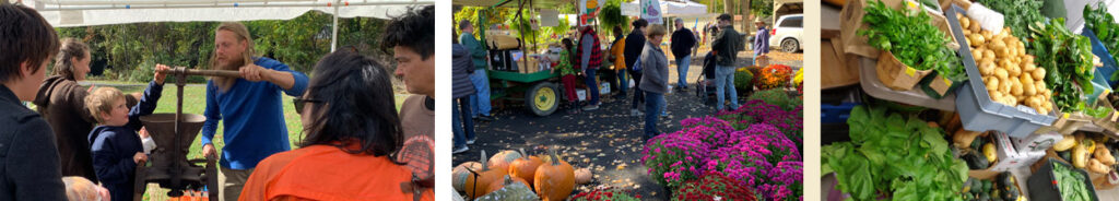Collage of photos: Man operates cider press, people browse a farmer's market, vegetables from a community garden.