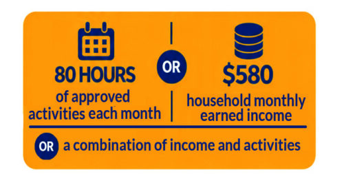 80 hours of approved activities per month or $580 in household monthly earned income or a combination of income and activities