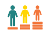 Three people of varying heights, each standing on the size box they need to be equal height.